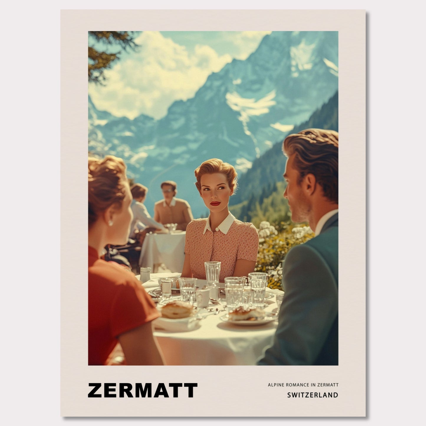 This poster transports us to a world of elegant romance amidst the mountainous landscapes of Zermatt, Switzerland. At the center of the scene is a refined woman with a romantic, enigmatic gaze directed at the man across the table on a café terrace, set against the majestic backdrop of the Alps. 