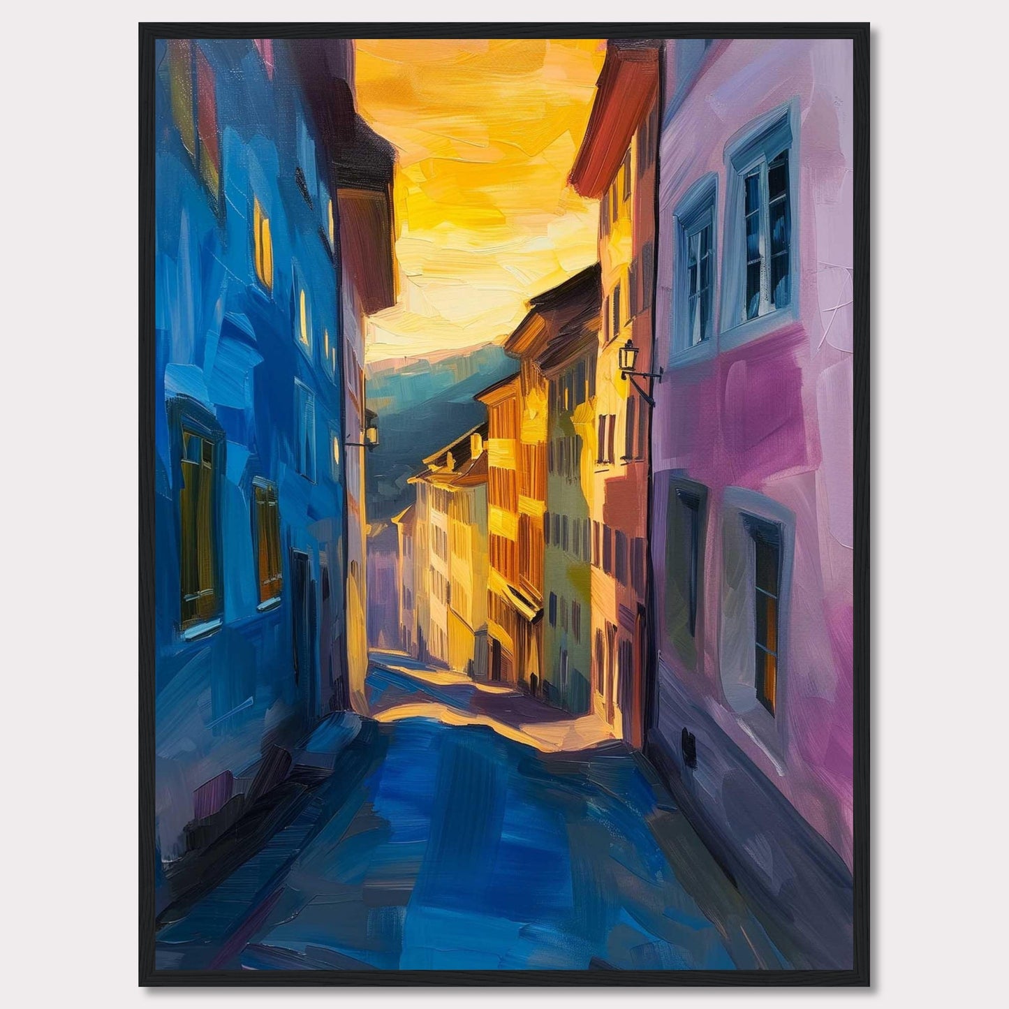 This vibrant painting captures a charming street scene bathed in the warm glow of a sunset. The artwork features colorful buildings, with hues of blue and pink dominating the foreground, while the background fades into golden tones. The narrow street creates a sense of depth, drawing the viewer's eye towards the distant horizon. The play of light and shadow adds a dynamic and lively feel to the piece.