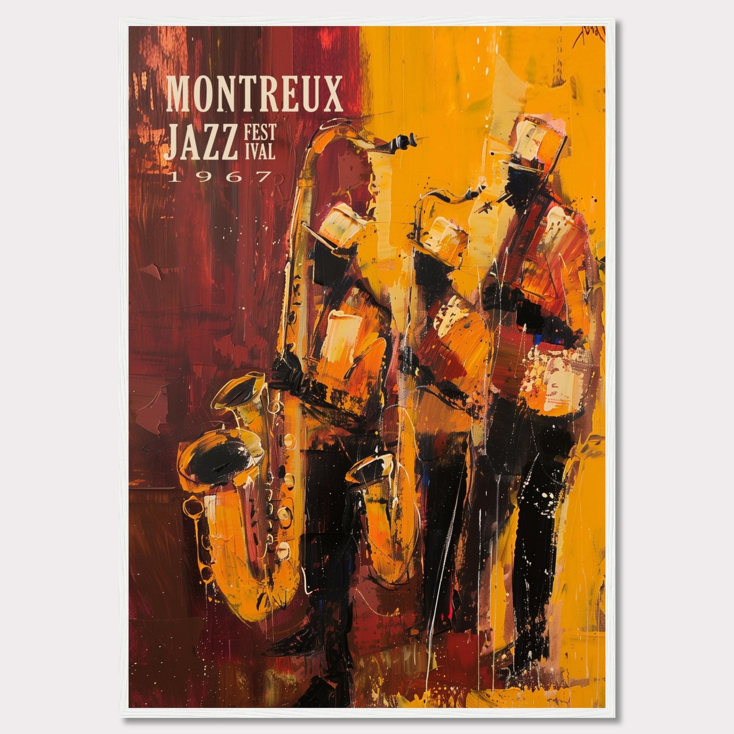 This vibrant art poster showcases the Montreux Jazz Festival from 1967. The artwork features an abstract depiction of three jazz musicians passionately playing their instruments, with rich hues of red, yellow, and orange capturing the dynamic energy of the performance.