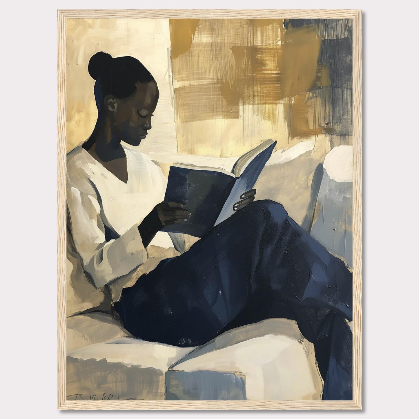 This painting captures a serene moment of a woman deeply engrossed in a book. The artwork uses a muted color palette with shades of beige, blue, and gold, creating a calm and contemplative atmosphere.