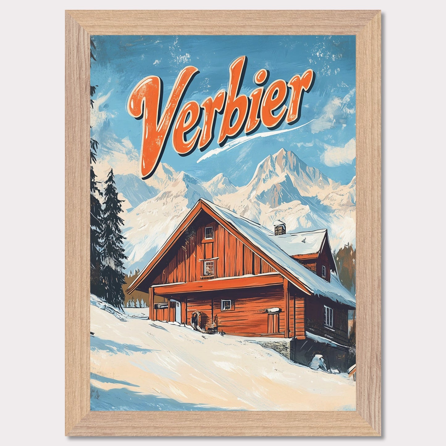 This vintage-inspired poster features a charming wooden chalet nestled against the stunning mountains of Verbier. The warm tones of the cabin contrast beautifully with the snowy landscape and towering peaks, creating a welcoming, serene winter scene. The retro design with bold typography invites viewers to imagine a peaceful retreat in the heart of the Swiss Alps, where adventure and comfort come together.