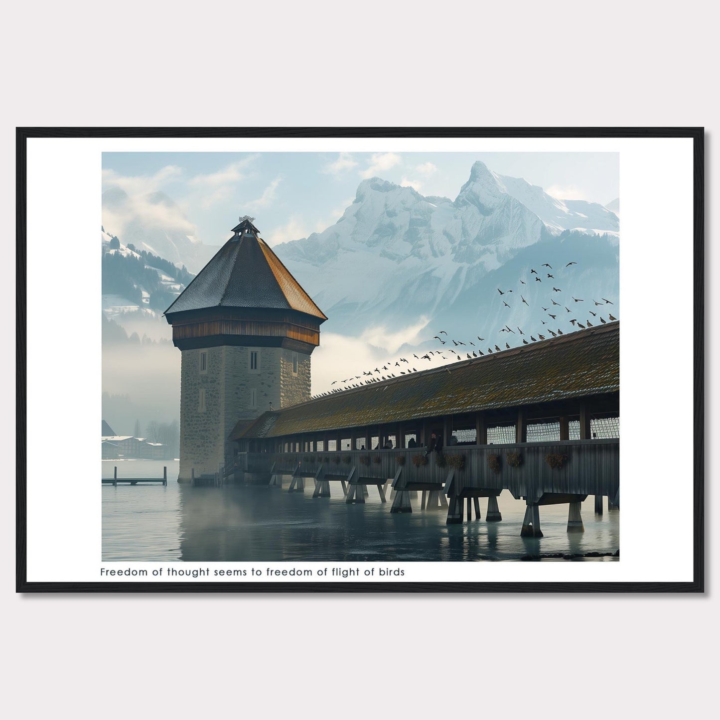 This captivating photo showcases a serene scene featuring a historic tower and a covered wooden bridge over calm waters, with majestic snow-capped mountains in the background. A flock of birds is seen soaring freely in the sky, adding a sense of movement and freedom to the tranquil setting.