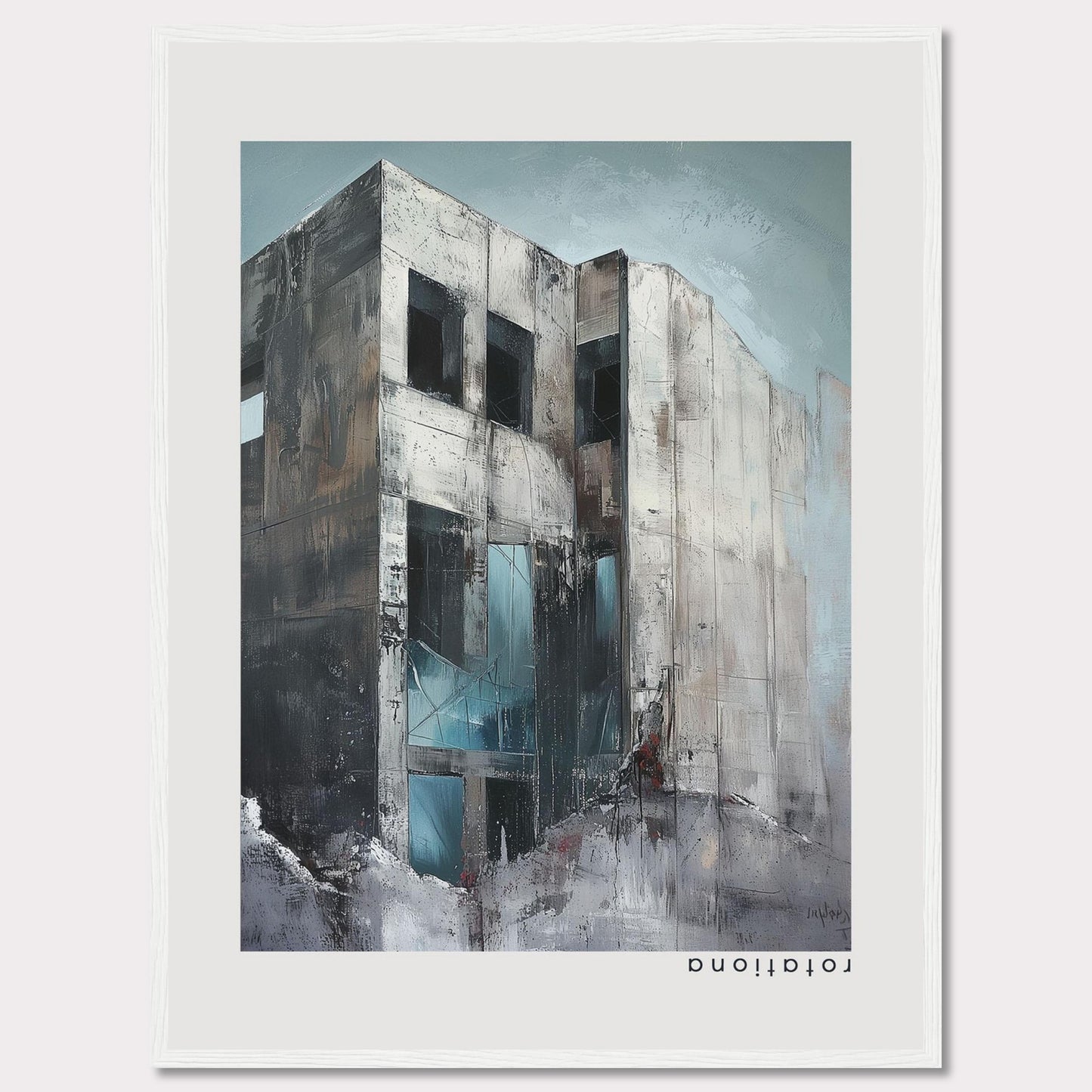 This striking artwork captures a modern, abstract building with a raw and industrial aesthetic. The painting features a weathered facade with large, dark windows, and a mix of cool and neutral tones that evoke a sense of mystery and intrigue.