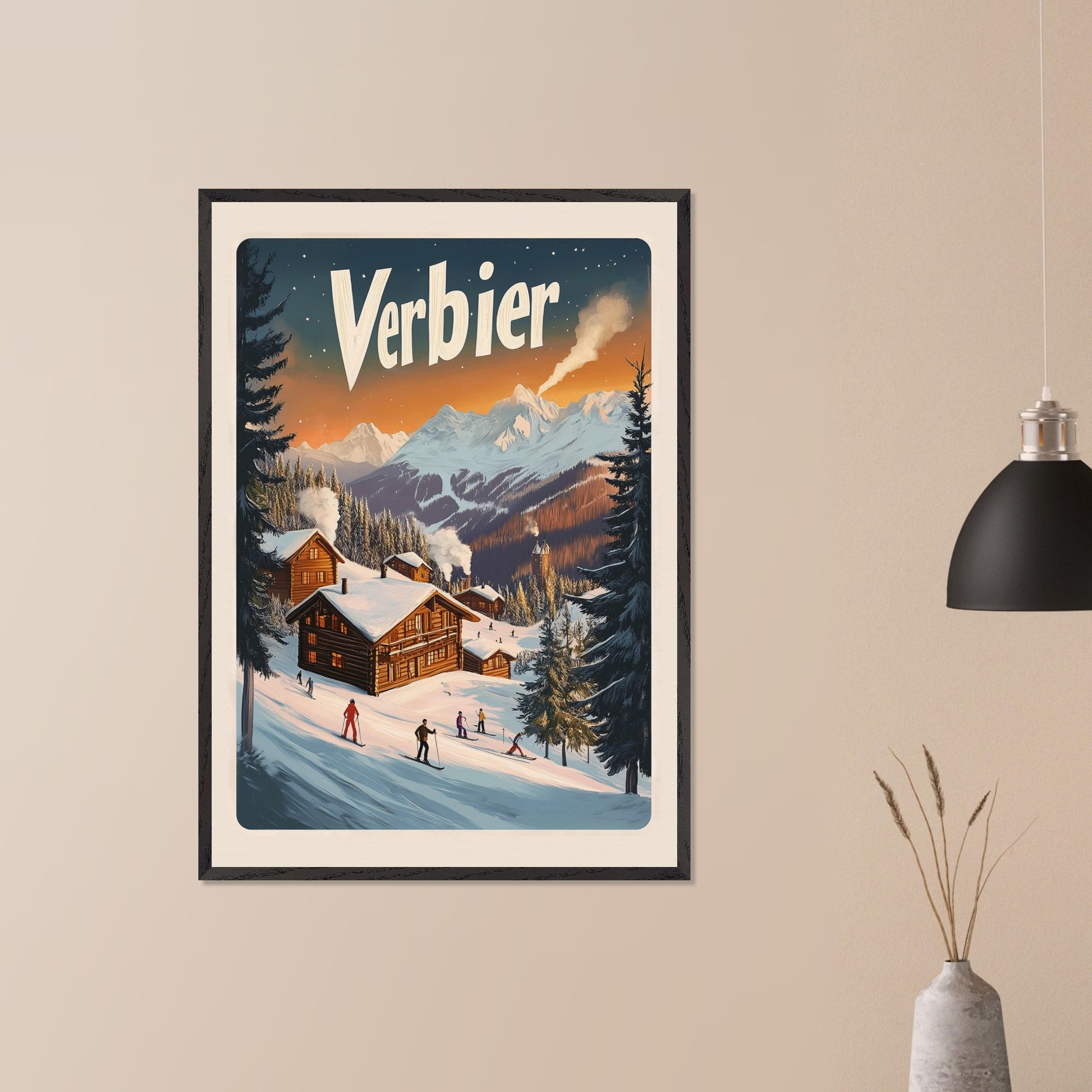 This captivating poster encapsulates the serene beauty of Verbier, with its snow-covered chalets nestled against a backdrop of fiery alpine sunsets. The scene showcases the perfect blend of adventure and tranquility, featuring skiers gliding down gentle slopes surrounded by towering pine trees and a distant view of a majestic mountain range. The soft, glowing hues of the evening sky bring warmth to this winter wonderland.