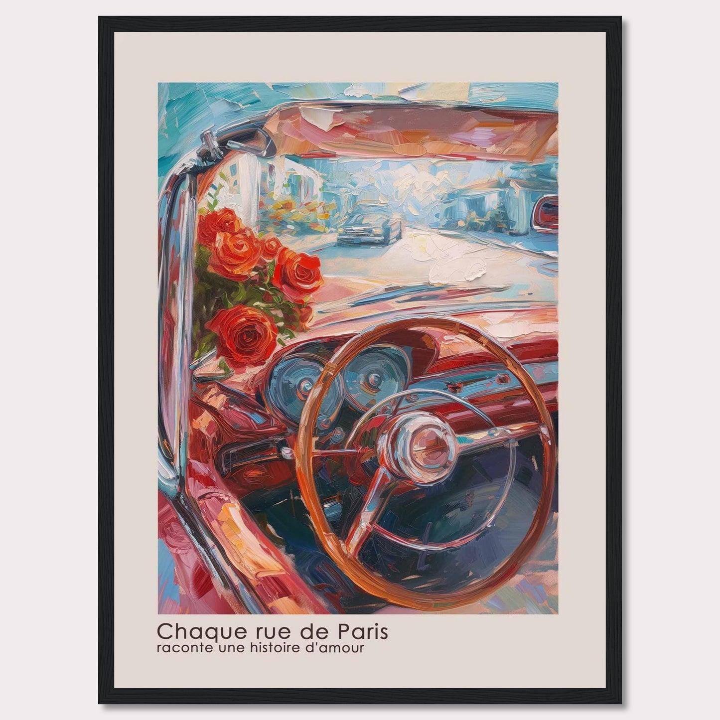 This vibrant painting captures the essence of a romantic drive through Paris. The artwork features a classic car's steering wheel, a bouquet of red roses, and a bright, bustling street scene in the background.