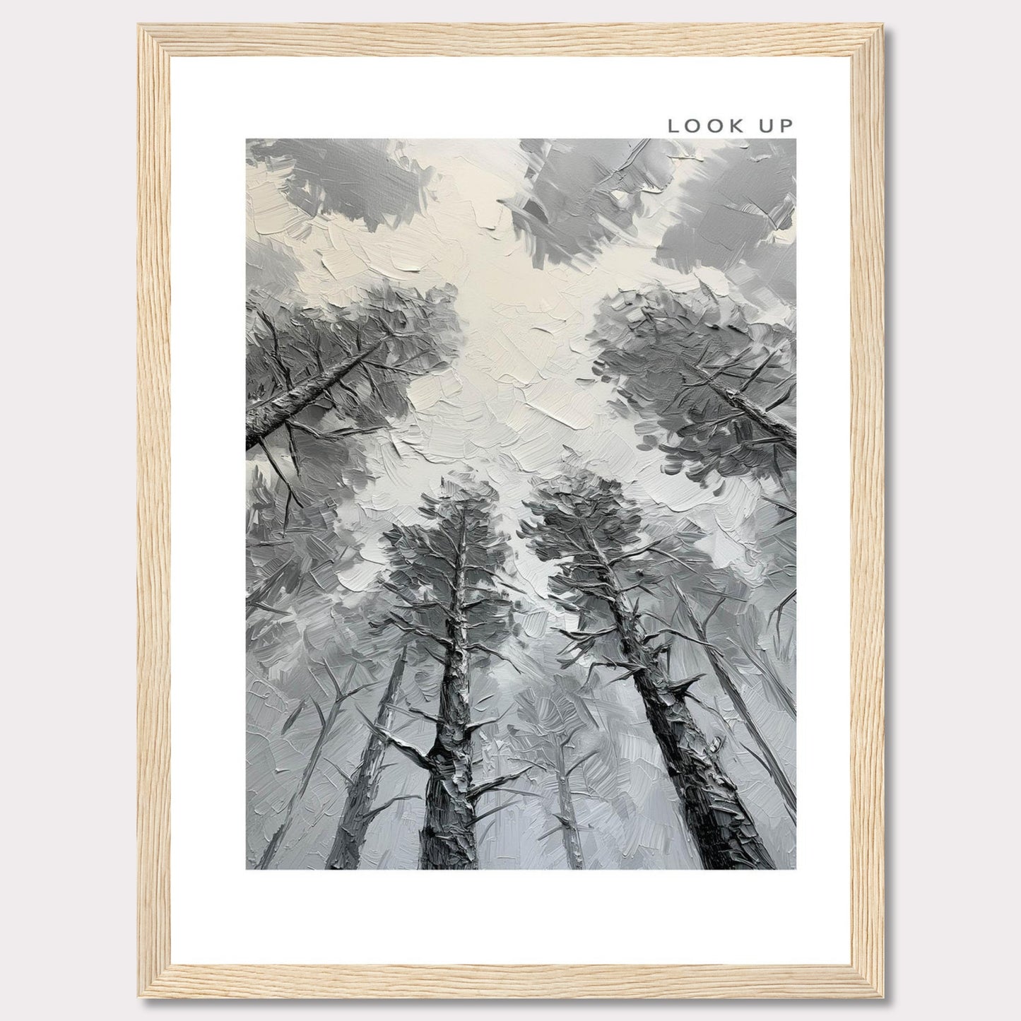 1afdadd3-1255aThis image depicts an artistic rendering of tall trees viewed from the ground looking up, creating a sense of depth and wonder. The artwork is framed in black with the words "LOOK UP" at the top right corner.-4add-b06d-5bb637376576