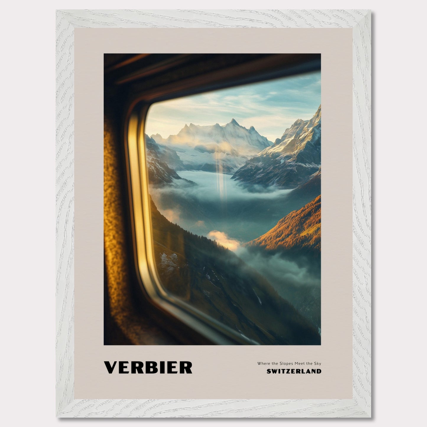 This poster showcases a mesmerizing view of the high-altitude slopes of Verbier, where mountain peaks seem to touch the sky. Thick mist covers the valleys below, creating a sense of mystery, while beams of sunlight break through the clouds, adding warmth and harmony to the scene.