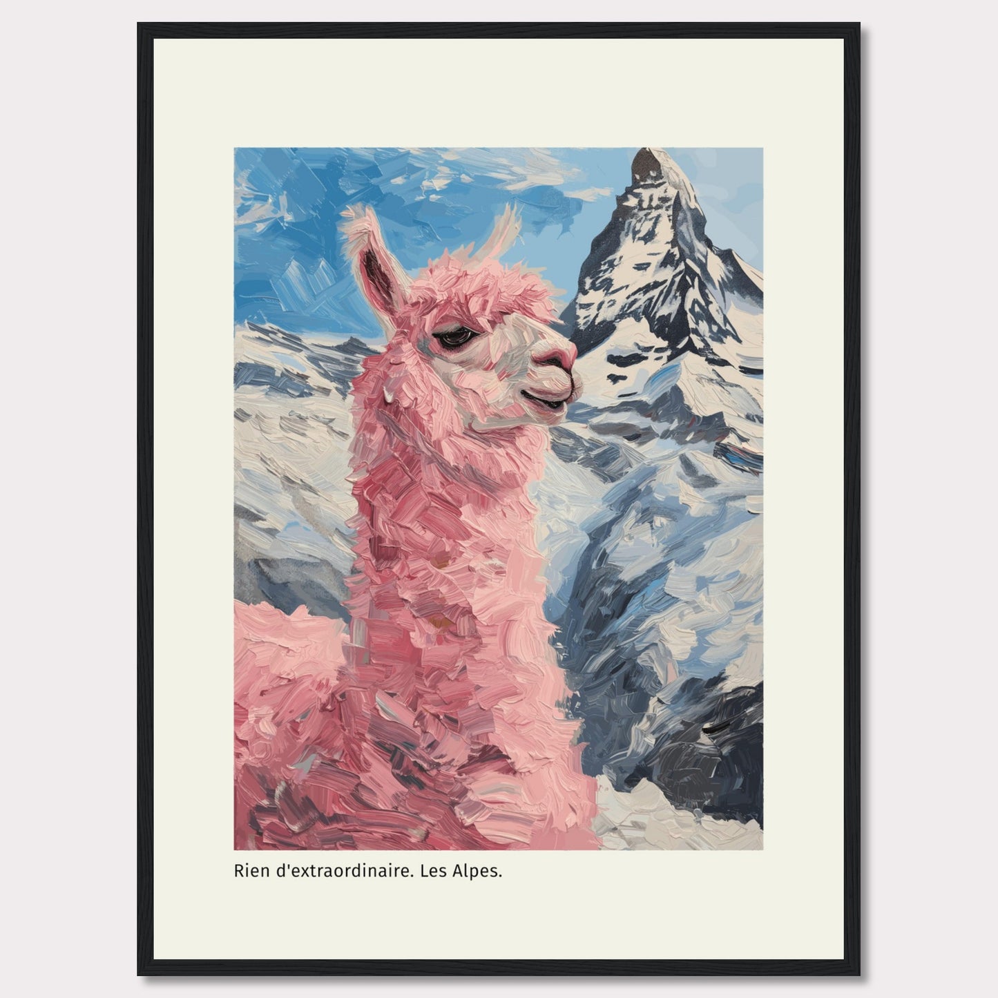 This whimsical painting features a pink llama standing proudly against the backdrop of the majestic Alps. The vibrant colors and playful brushstrokes bring a sense of fun and adventure to the scene.