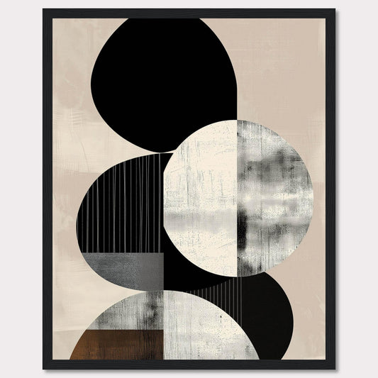 This image showcases a modern abstract art piece featuring geometric shapes in monochrome and neutral tones. The design includes overlapping circles and ovals with textured patterns.