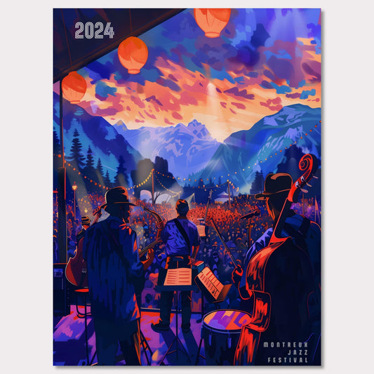 This vibrant poster depicts a lively jazz festival set against a stunning mountain backdrop. The scene is illuminated by colorful lanterns and features a band performing to a large, enthusiastic crowd. The sky is painted with dramatic hues of orange and purple, enhancing the festive atmosphere.