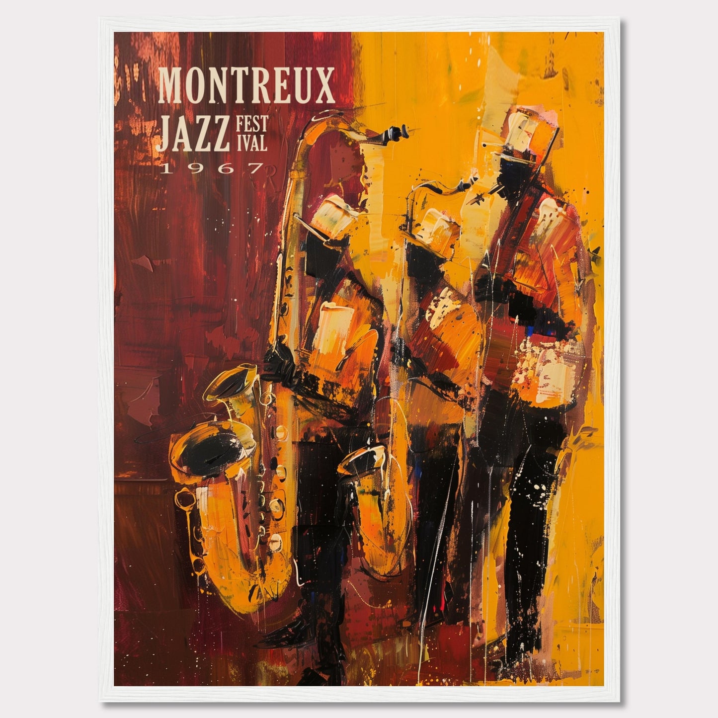 This vibrant art poster showcases the Montreux Jazz Festival from 1967. The artwork features an abstract depiction of three jazz musicians passionately playing their instruments, with rich hues of red, yellow, and orange capturing the dynamic energy of the performance.