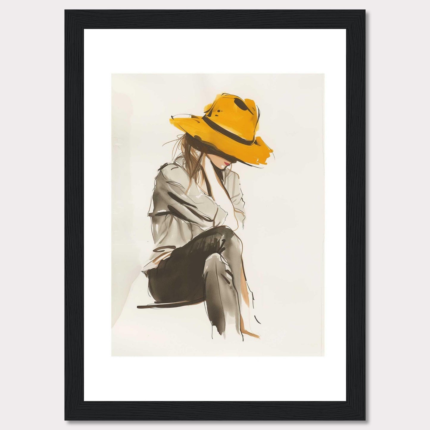 This artwork features a stylish illustration of a person wearing a large, vibrant yellow hat. The figure is seated, with their head slightly bowed, creating a sense of introspection and calm. The use of muted tones for the clothing contrasts beautifully with the boldness of the hat, making it the focal point of the piece. The minimalist background allows the viewer to fully appreciate the elegance and simplicity of the design.