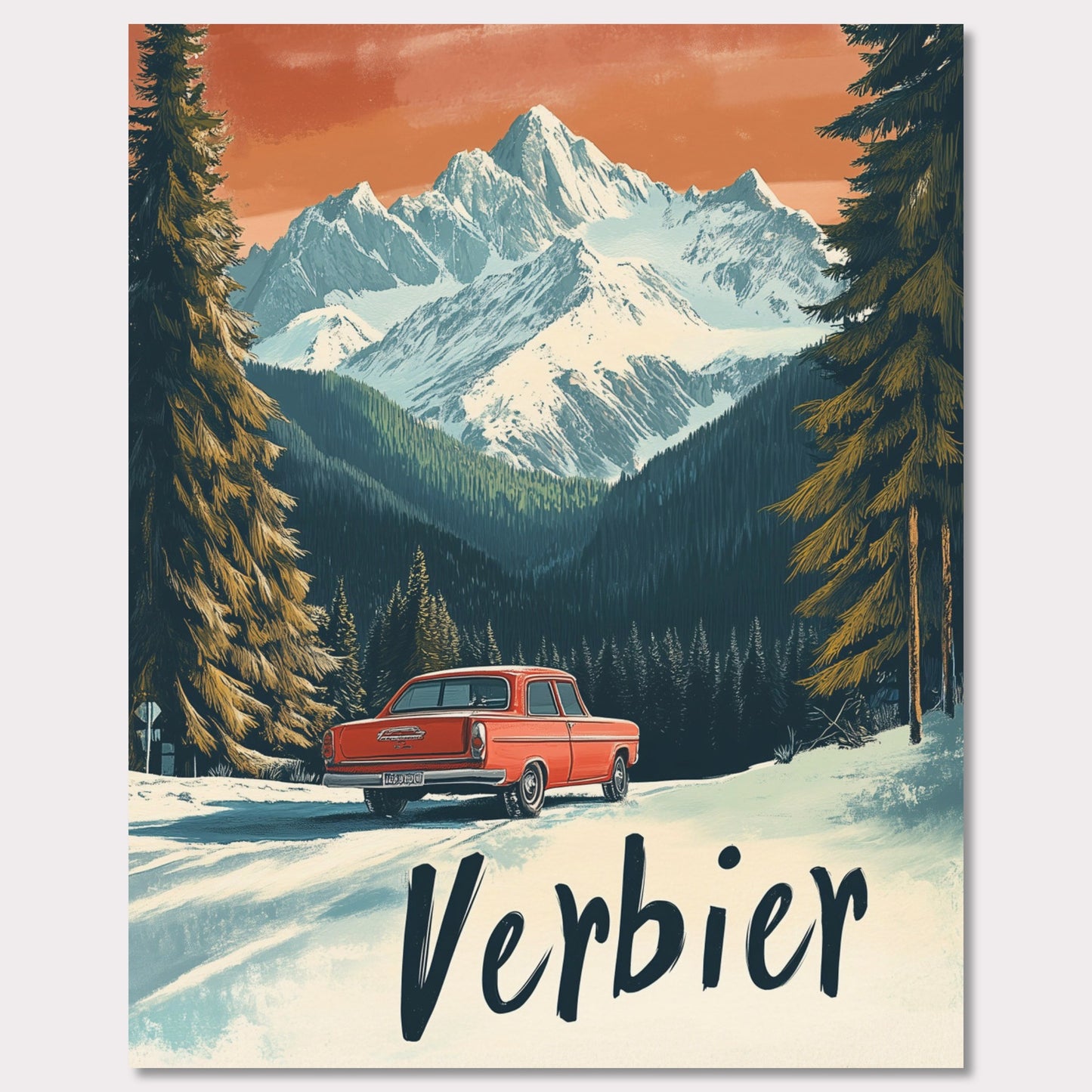 This striking retro-style poster depicts a vintage car driving through a snowy mountain landscape in Verbier. The red car stands out against the backdrop of majestic, snow-covered peaks and towering trees, with the warm orange hues of the sky adding to the nostalgic vibe. The vintage typography and artistic style evoke the allure of road trips through the Swiss Alps, offering a sense of freedom and adventure in a winter wonderland.