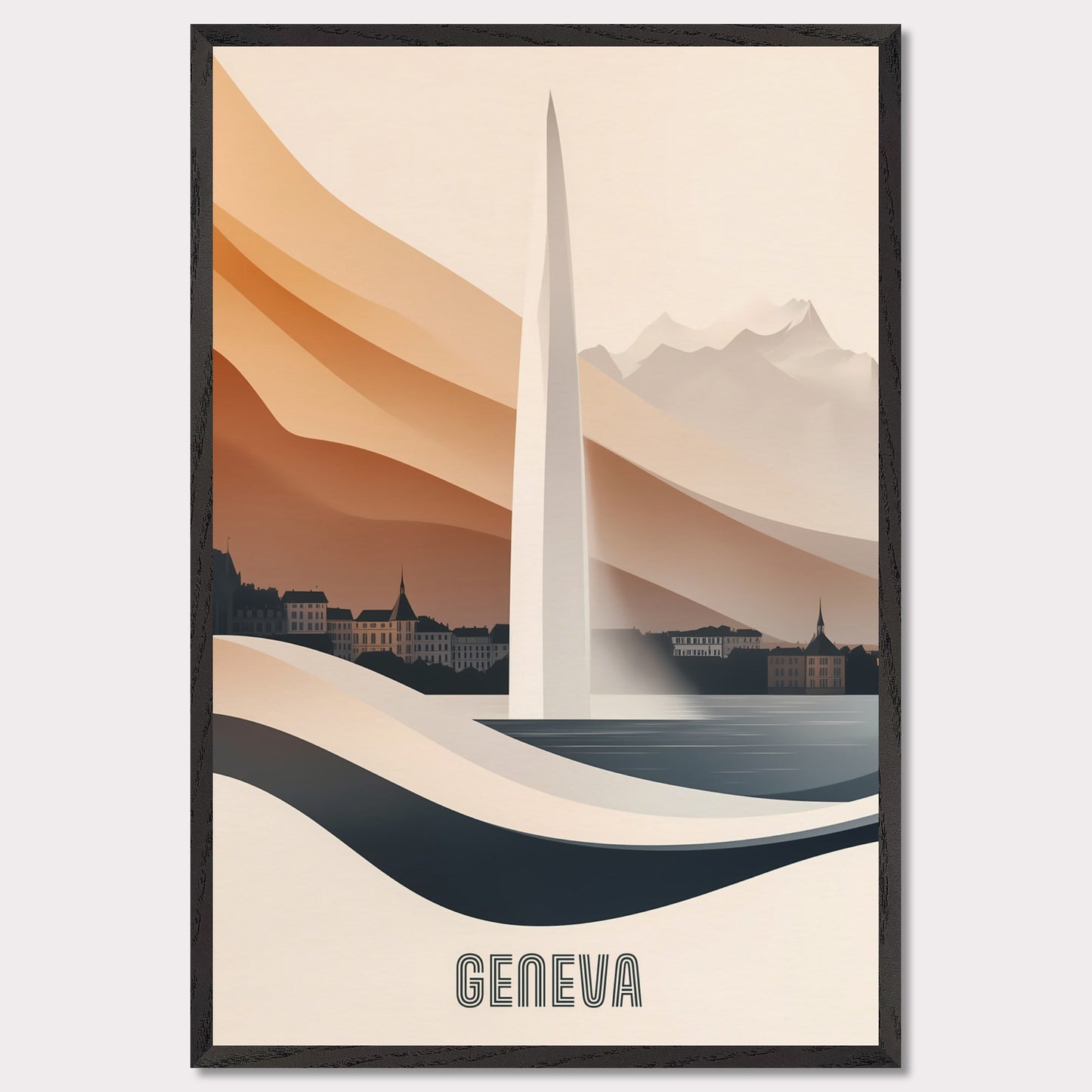 A modern and elegant poster of Geneva’s famous Jet d’Eau fountain, seamlessly blending into the landscape. Smooth curves and warm hues create a sense of fluidity and movement.