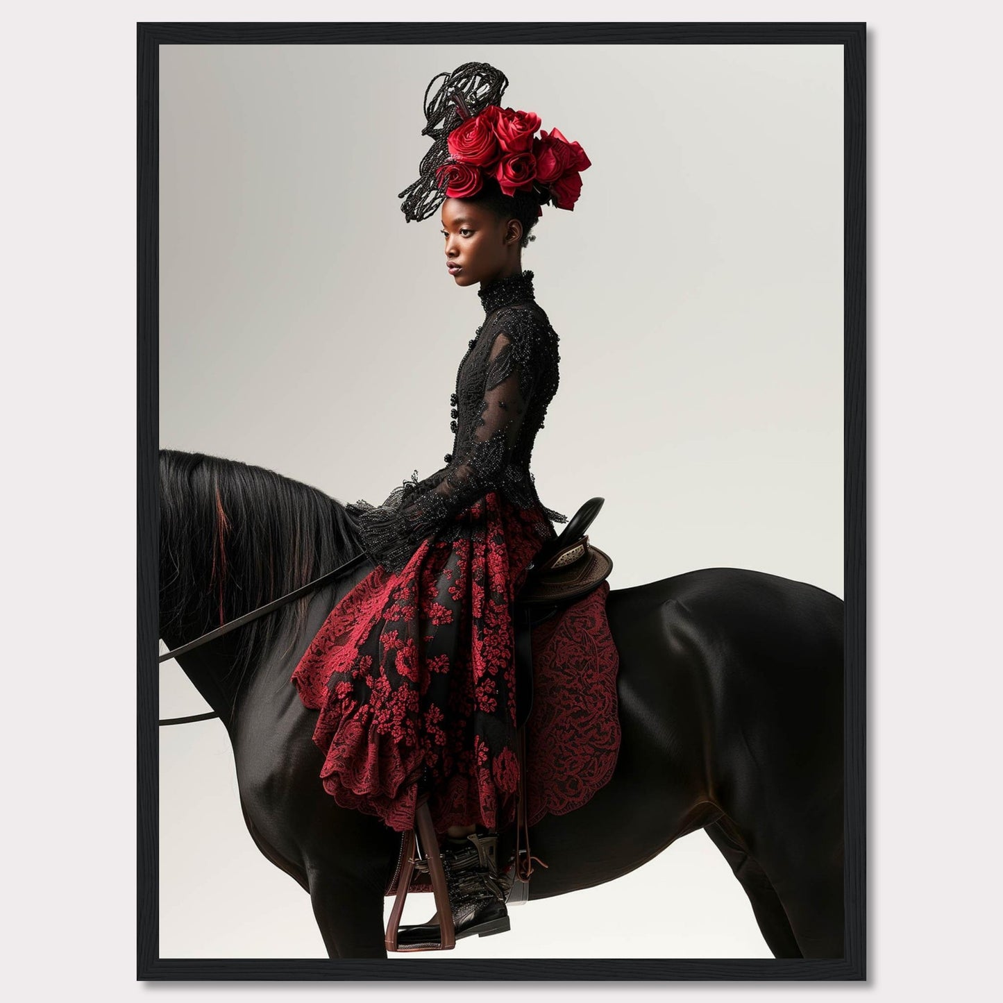 This striking image features a poised woman in an elegant black and red lace dress, adorned with an elaborate headpiece of red roses. She sits gracefully on a majestic black horse, exuding confidence and sophistication.