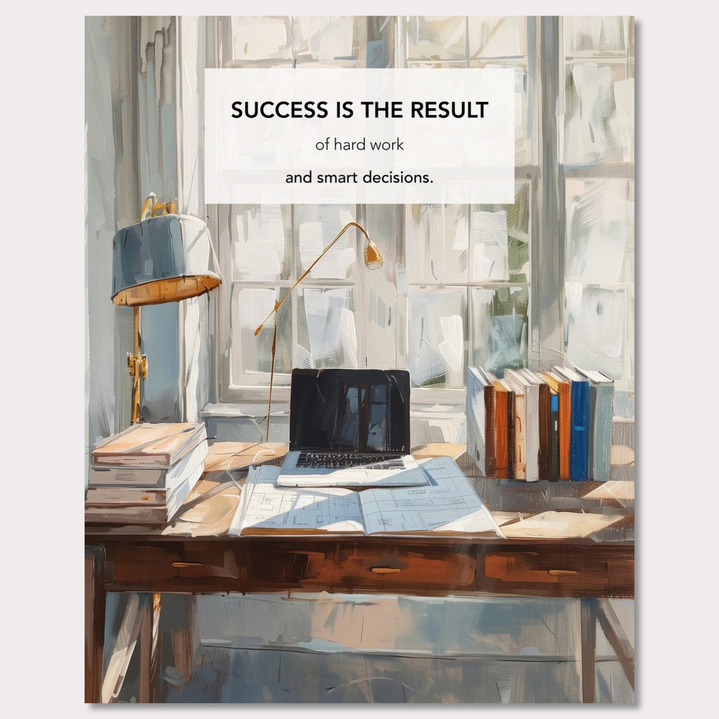 This inspiring poster showcases a serene and productive workspace bathed in natural light. The central message, "Success is the result of hard work and smart decisions," is prominently displayed.