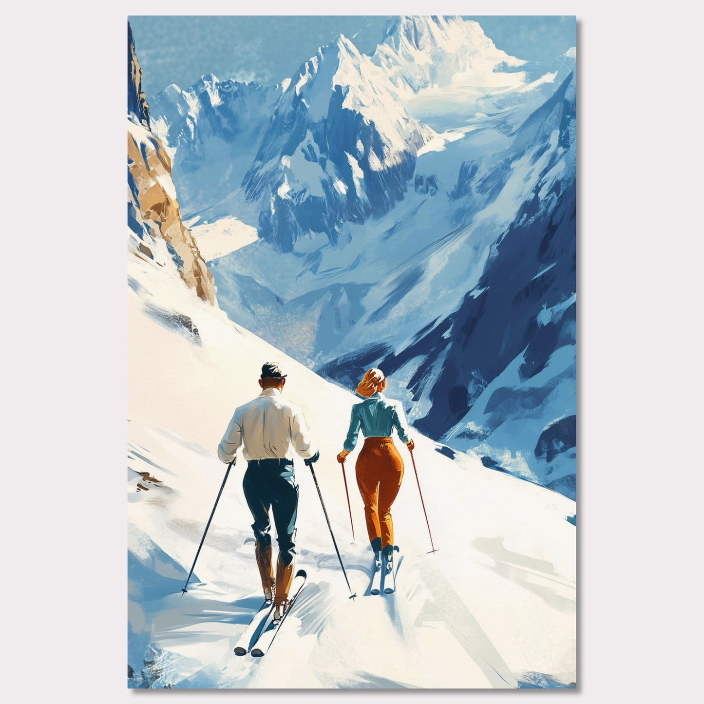 This retro poster captures the elegance and adventure of alpine skiing in Switzerland, circa 1960. Two fashionable skiers glide down the pristine snow with majestic mountains towering in the background. The vibrant colors of their outfits contrast beautifully against the white landscape, while the bold lettering emphasizes the stylish allure of alpine sports.