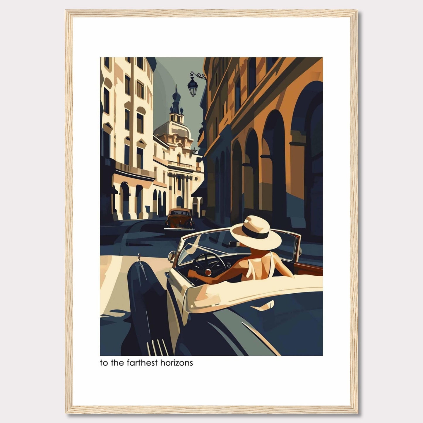 This captivating artwork depicts a stylish individual driving a vintage car through a charming, sunlit European street. The scene is filled with architectural beauty, showcasing classic buildings and a serene atmosphere.