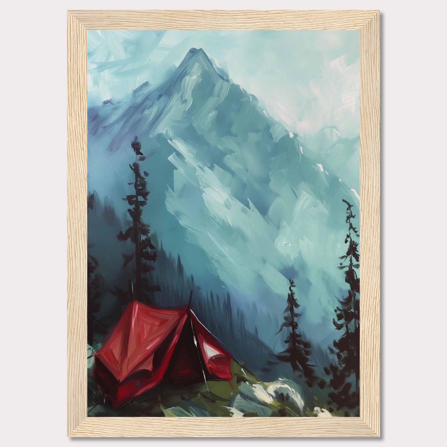 This captivating painting depicts a serene mountain landscape with a vibrant red tent pitched among tall pine trees. The majestic mountain in the background is shrouded in mist, adding a sense of mystery and tranquility to the scene. The contrast between the bold red tent and the cool blue tones of the mountain creates a striking visual effect.