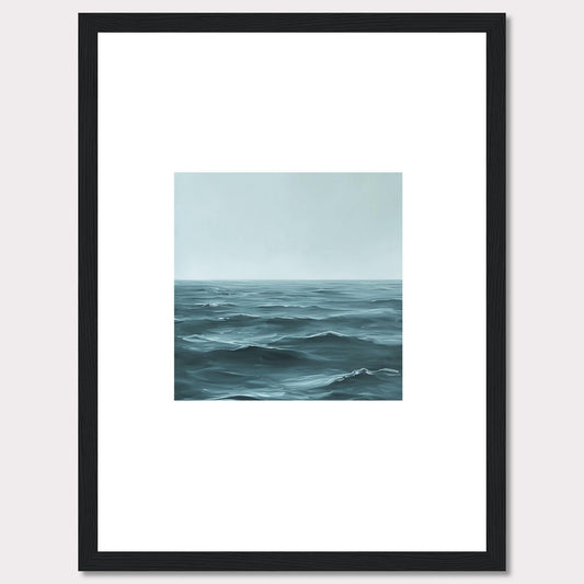 This serene artwork captures the vastness of the ocean, inviting a sense of calm and tranquility into any space. The painting features gentle waves under a soft, misty sky, framed elegantly in black.