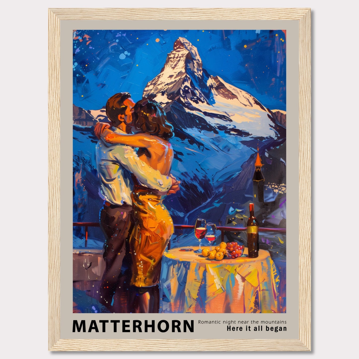 A romantic painting depicting a couple embracing near the Matterhorn mountain.