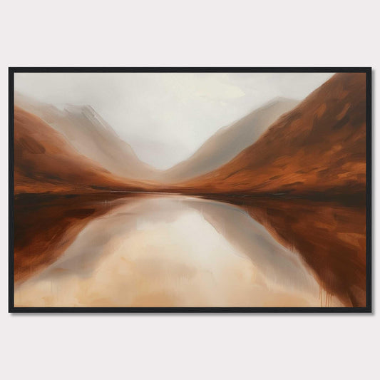 This captivating painting showcases a serene landscape with misty mountains reflected in a calm lake. The earthy tones of the mountains blend seamlessly with the soft, cloudy sky, creating a tranquil and harmonious scene.