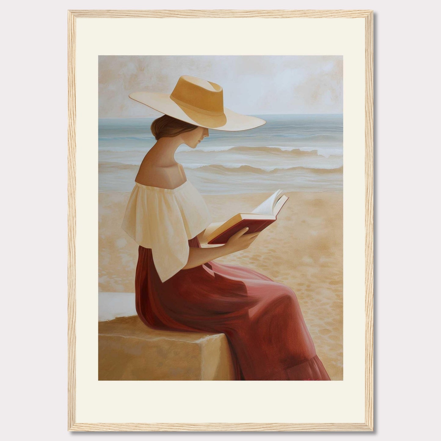 This serene painting depicts a woman sitting by the beach, engrossed in a book. She wears a wide-brimmed hat and a flowing dress, with the ocean waves gently rolling in the background.