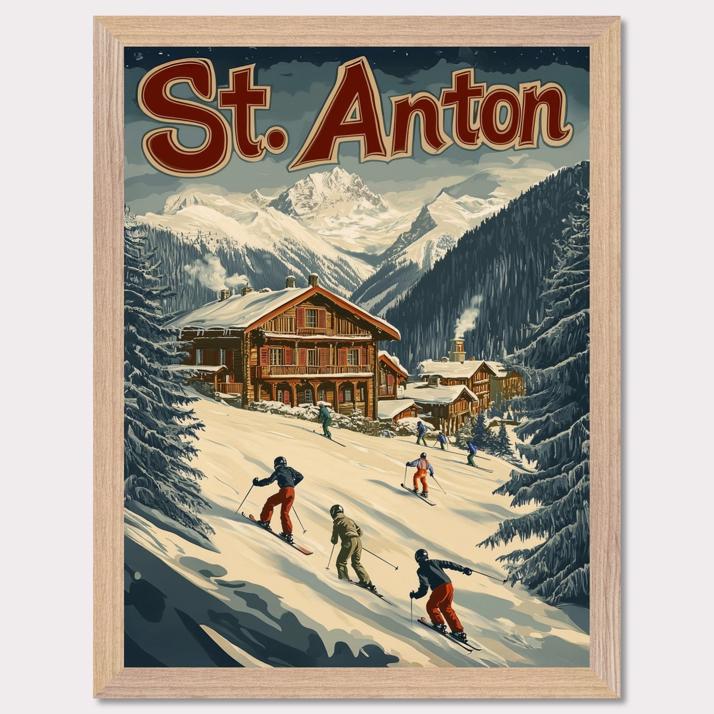 This minimalist yet striking poster captures the essence of St. Anton's alpine charm through its dynamic composition and vintage-inspired design. At the heart of the image is a group of skiers gracefully descending the snowy slopes, framed by towering evergreens and a cozy wooden chalet. The vibrant yet balanced color palette enhances the lively appeal, blending a sense of adventure and winter serenity.