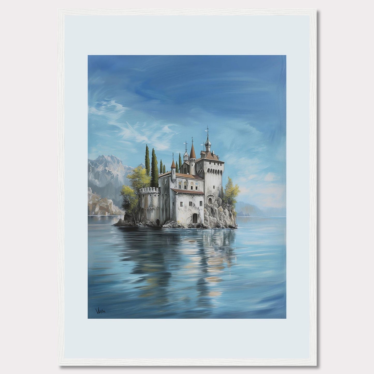 This stunning painting captures the serene beauty of a majestic castle perched on a small island, surrounded by calm waters. The scene is set against a backdrop of distant mountains and a clear blue sky, evoking a sense of tranquility and wonder.