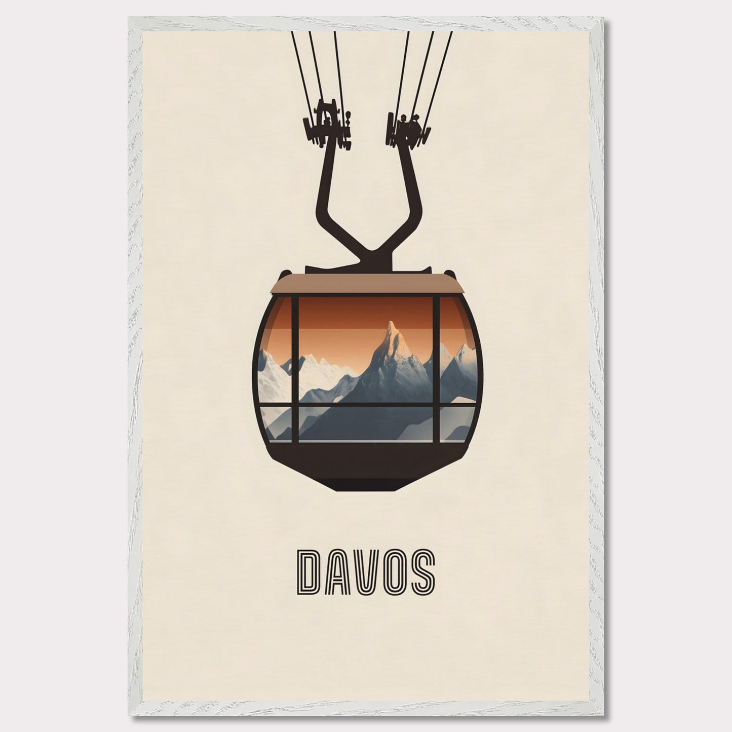 A striking minimalist poster featuring a cable car with a breathtaking view of the Swiss Alps. The warm tones contrast with the cool mountain peaks, evoking the excitement of alpine adventures.