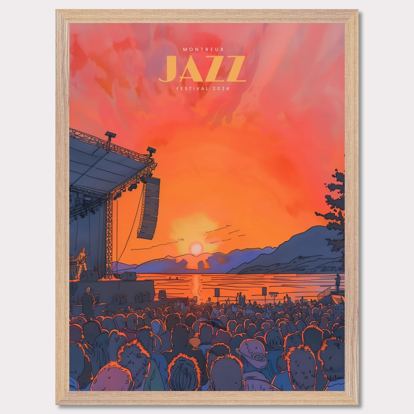 This vibrant poster showcases the Montreux Jazz Festival 2024, capturing the essence of a live outdoor concert at sunset. The scene is set with a large crowd facing a stage where a musician performs against a backdrop of a stunning sunset over a lake and mountains.