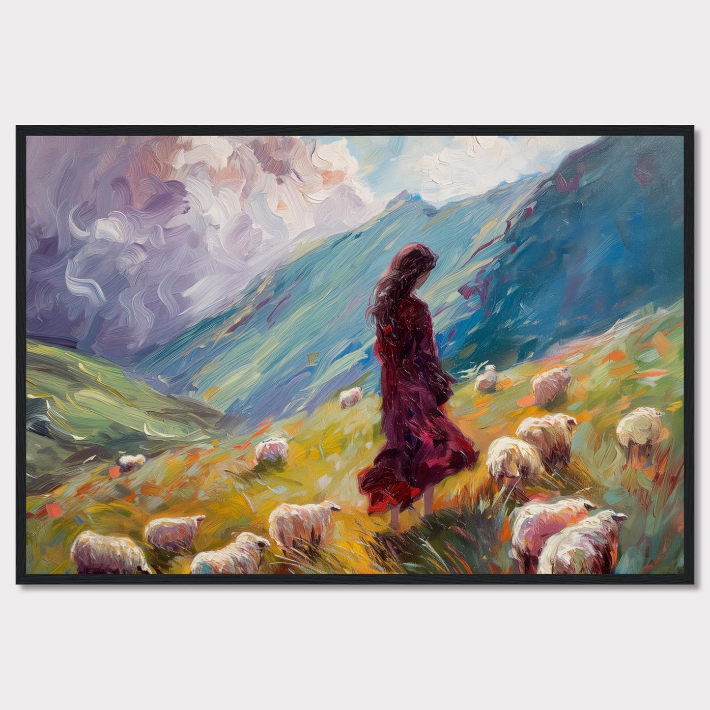 This captivating painting portrays a serene pastoral scene where a woman in a flowing red dress stands amidst a flock of sheep on a vibrant, rolling hillside. The background features dramatic, swirling clouds and lush green mountains, creating a sense of tranquility and connection with nature.