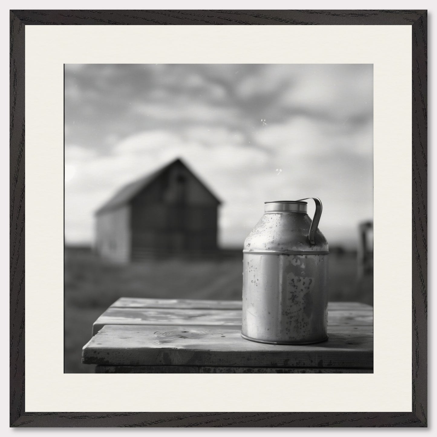 This is a black and white illustration showing a rustic scene. The focus is on an old metal milk can placed on a wooden table, with a blurred barn in the background under a cloudy sky.