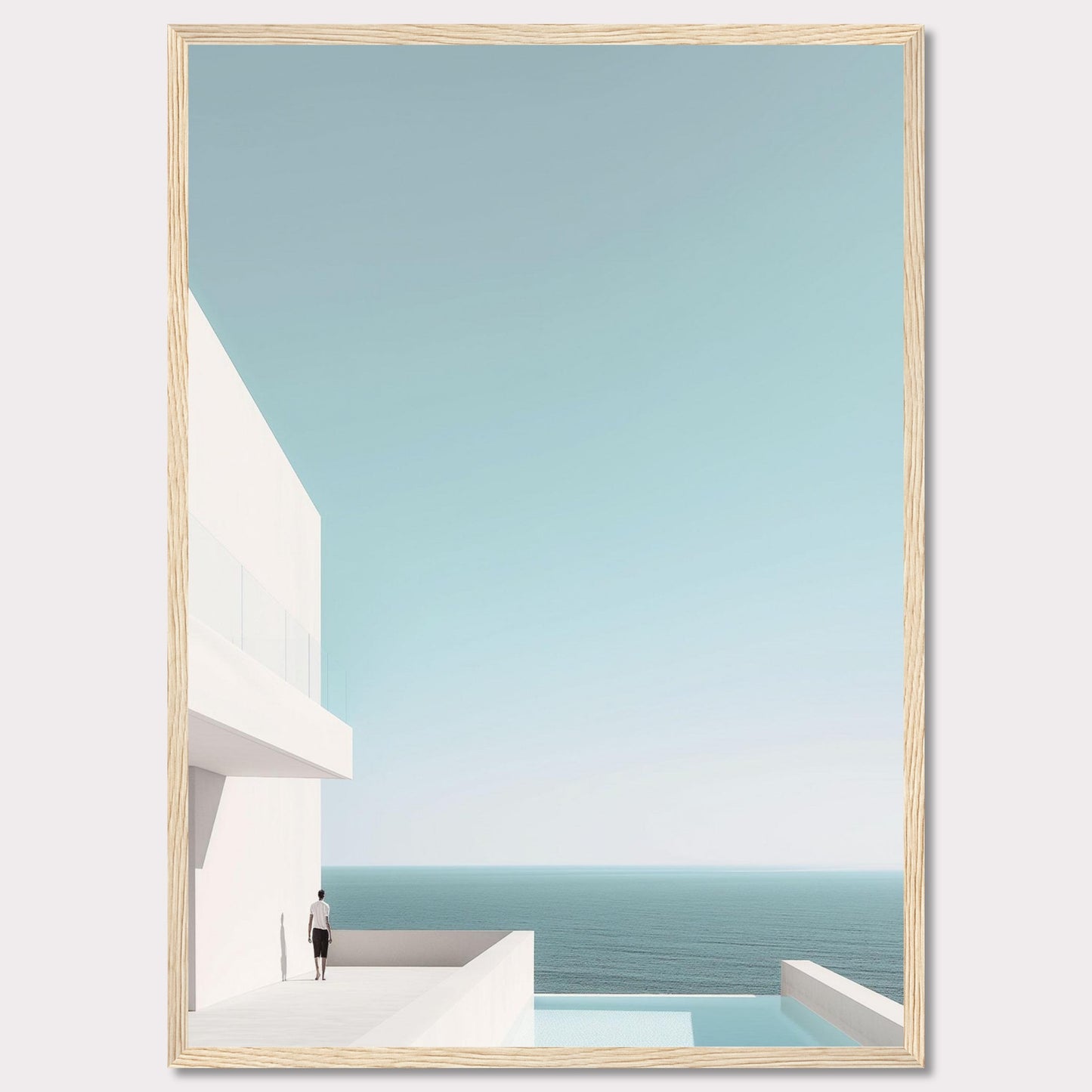 This serene image captures a minimalist coastal scene featuring a modern white building overlooking the tranquil ocean. A solitary figure stands on a balcony, gazing out at the expansive sea and clear sky. The composition exudes calmness and simplicity, inviting viewers to embrace a moment of peaceful reflection.