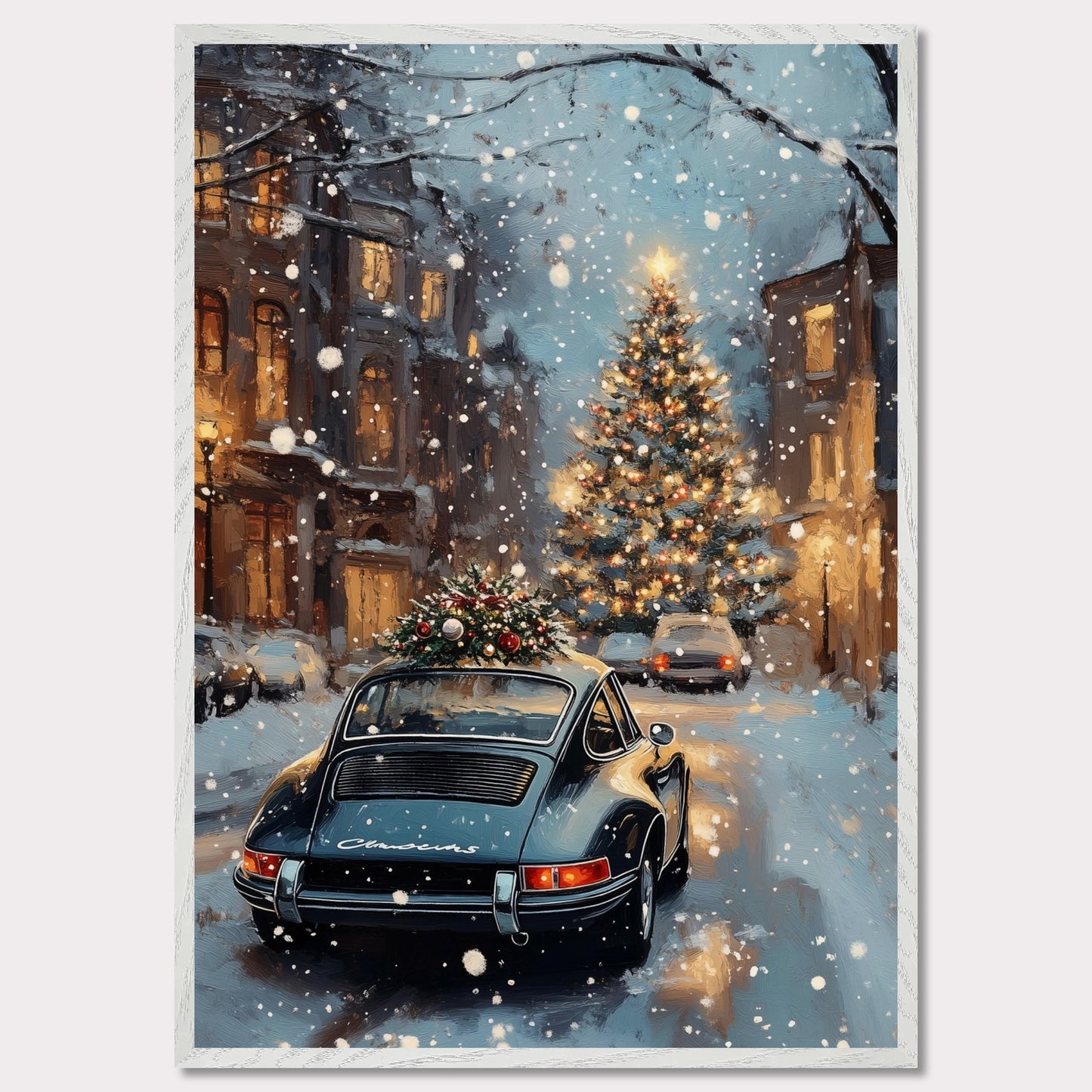 This enchanting poster portrays a snowy Swiss street with a beautifully adorned vintage car carrying a Christmas tree. The softly glowing lights and festive decorations create an atmosphere of joyous holiday anticipation. The combination of timeless cars and seasonal spirit brings a unique charm to this holiday scene.