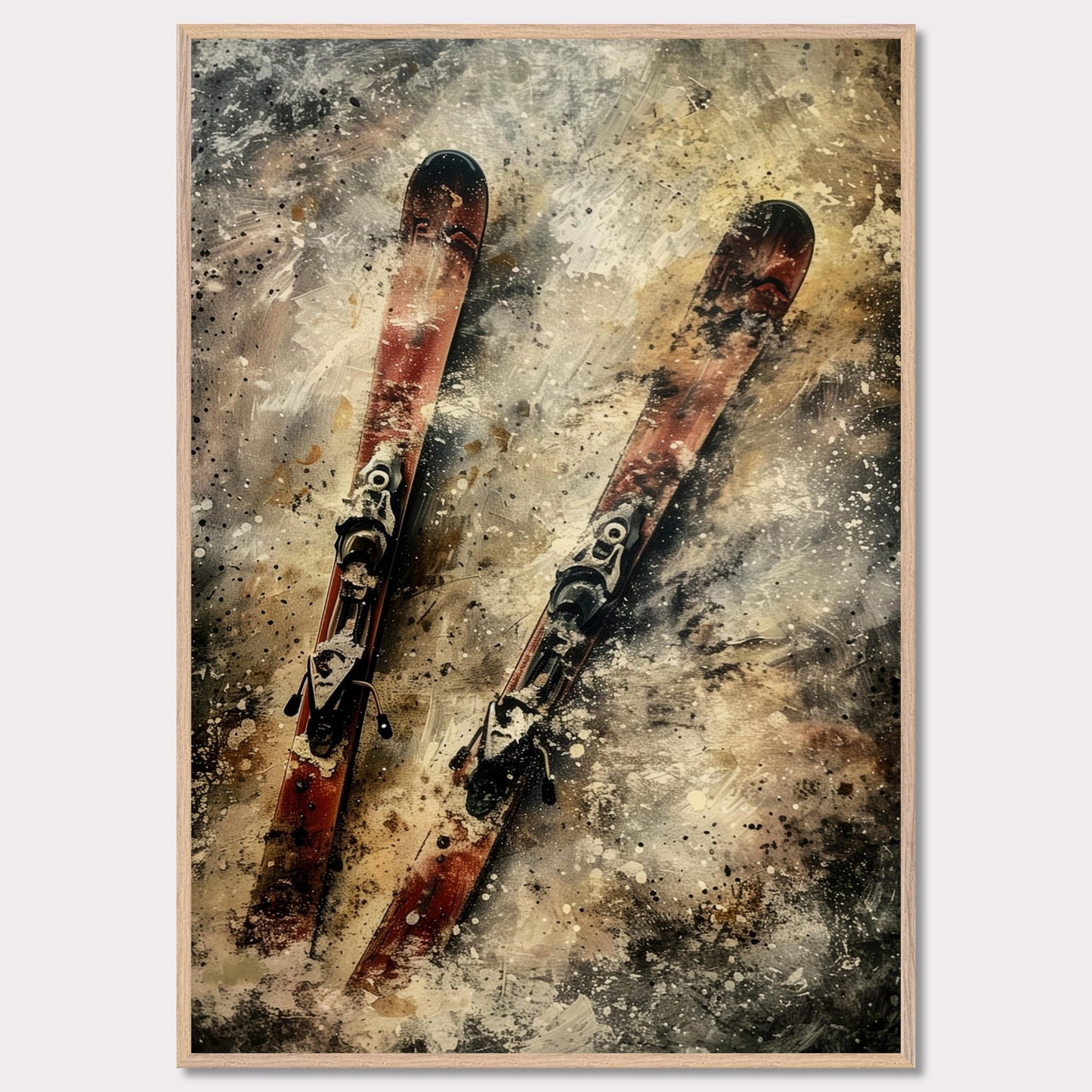 This image showcases a pair of vintage red skis with bindings, set against a textured, abstract background. The skis are positioned diagonally, creating a dynamic and energetic composition.