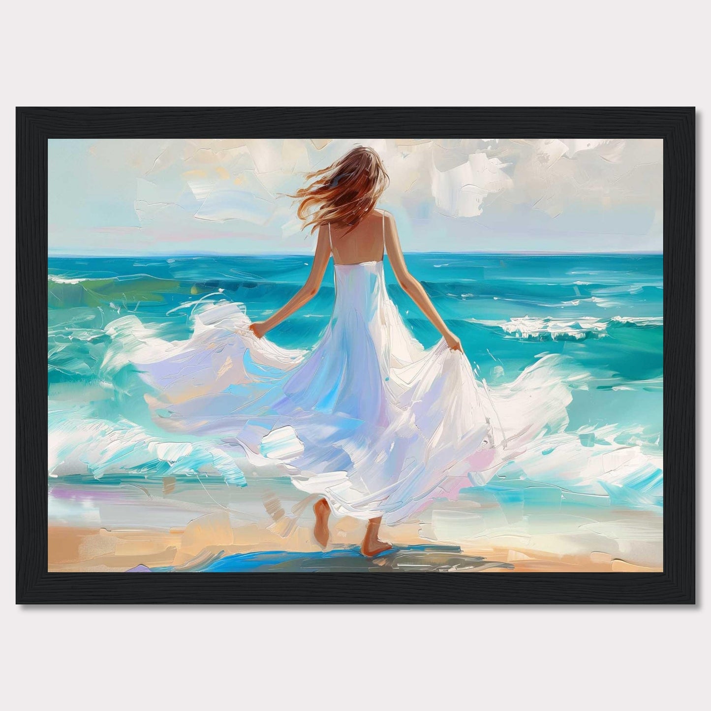 This stunning painting captures a serene moment of a woman in a flowing white dress standing at the edge of the ocean, with waves gently crashing onto the shore. The vibrant colors and dynamic brushstrokes bring this scene to life, evoking a sense of peace and freedom.