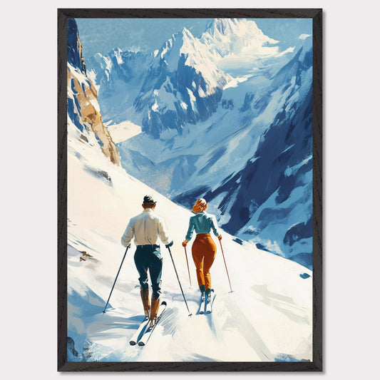 This retro poster captures the elegance and adventure of alpine skiing in Switzerland, circa 1960. Two fashionable skiers glide down the pristine snow with majestic mountains towering in the background. The vibrant colors of their outfits contrast beautifully against the white landscape, while the bold lettering emphasizes the stylish allure of alpine sports.