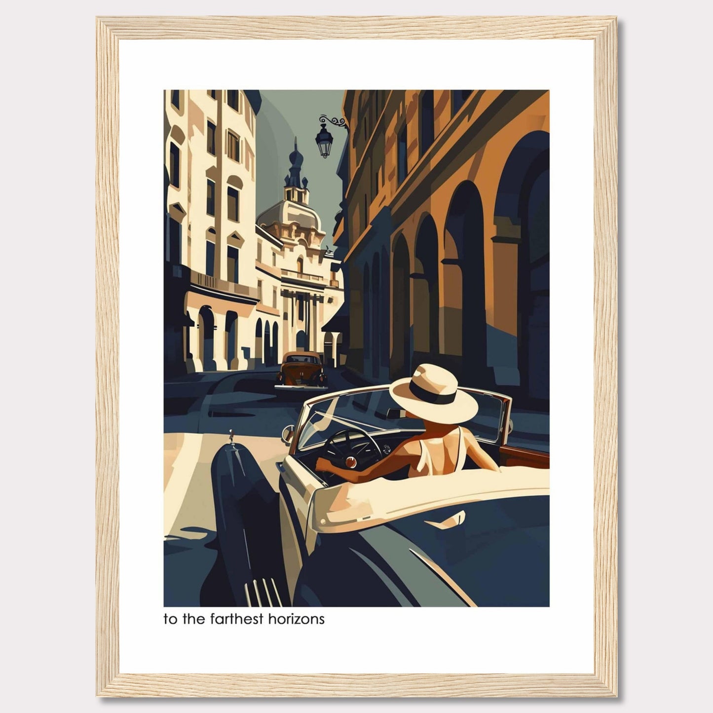 This captivating artwork depicts a stylish individual driving a vintage car through a charming, sunlit European street. The scene is filled with architectural beauty, showcasing classic buildings and a serene atmosphere.