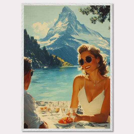 This illustration depicts a scenic outdoor dining setting by a lake with snowy mountains in the background. A woman in sunglasses and a white dress is smiling while holding a glass, and a man is sitting across from her.