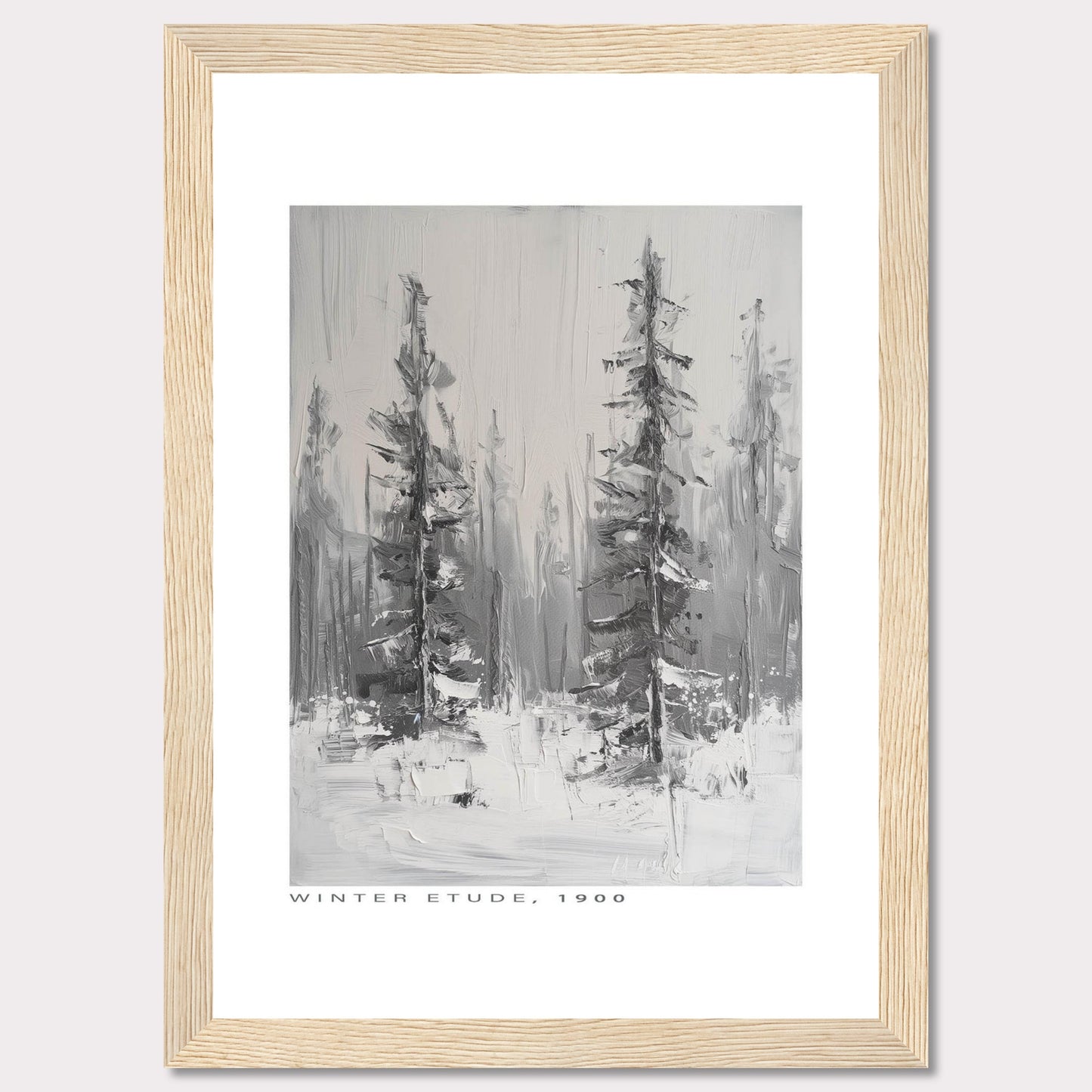 This image showcases a framed painting titled "Winter Etude, 1900". The artwork depicts a serene winter landscape with two prominent trees standing tall amidst a snowy backdrop. The painting is done in grayscale, emphasizing the cold and tranquil atmosphere of winter.