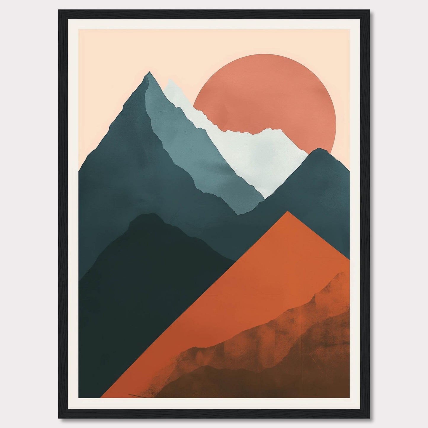 This is a modern, abstract art print featuring a mountain landscape with a large sun setting in the background. The artwork uses bold, contrasting colors to create a striking visual impact.