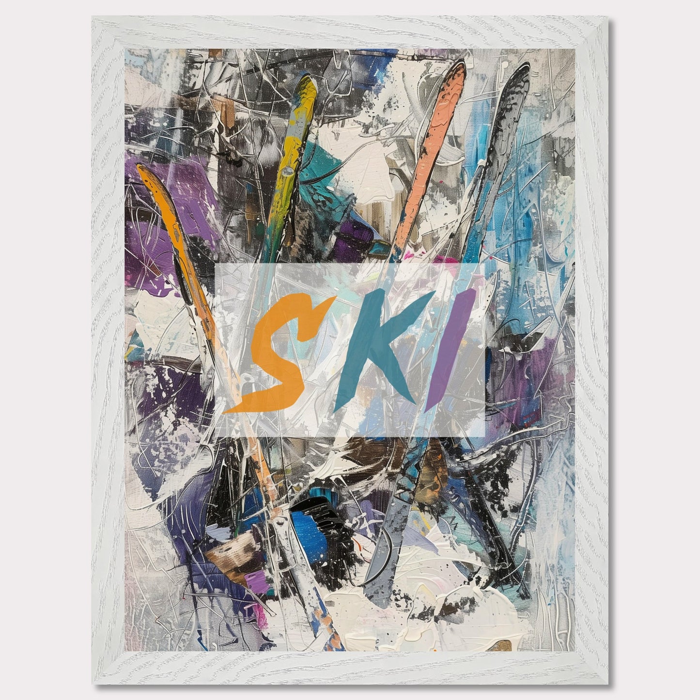 This vibrant artwork showcases an abstract composition featuring colorful ski elements. The word "SKI" is prominently displayed in bold, dynamic letters across the center. The background is a chaotic mix of brushstrokes and textures, creating a sense of movement and energy.