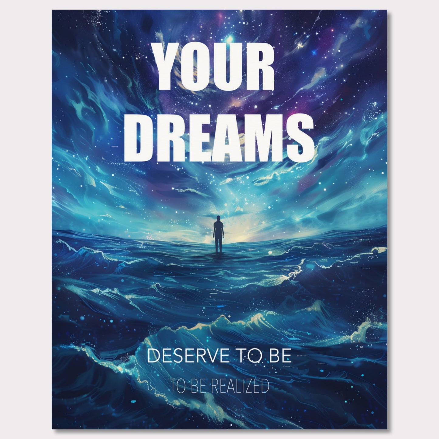 This image features an inspiring poster with a motivational message. The background depicts a surreal, cosmic landscape with a lone figure standing on water under a starry sky. The main text reads "YOUR DREAMS" in bold white letters, followed by "DESERVE TO BE" and "TO BE REALIZED" in smaller text below.