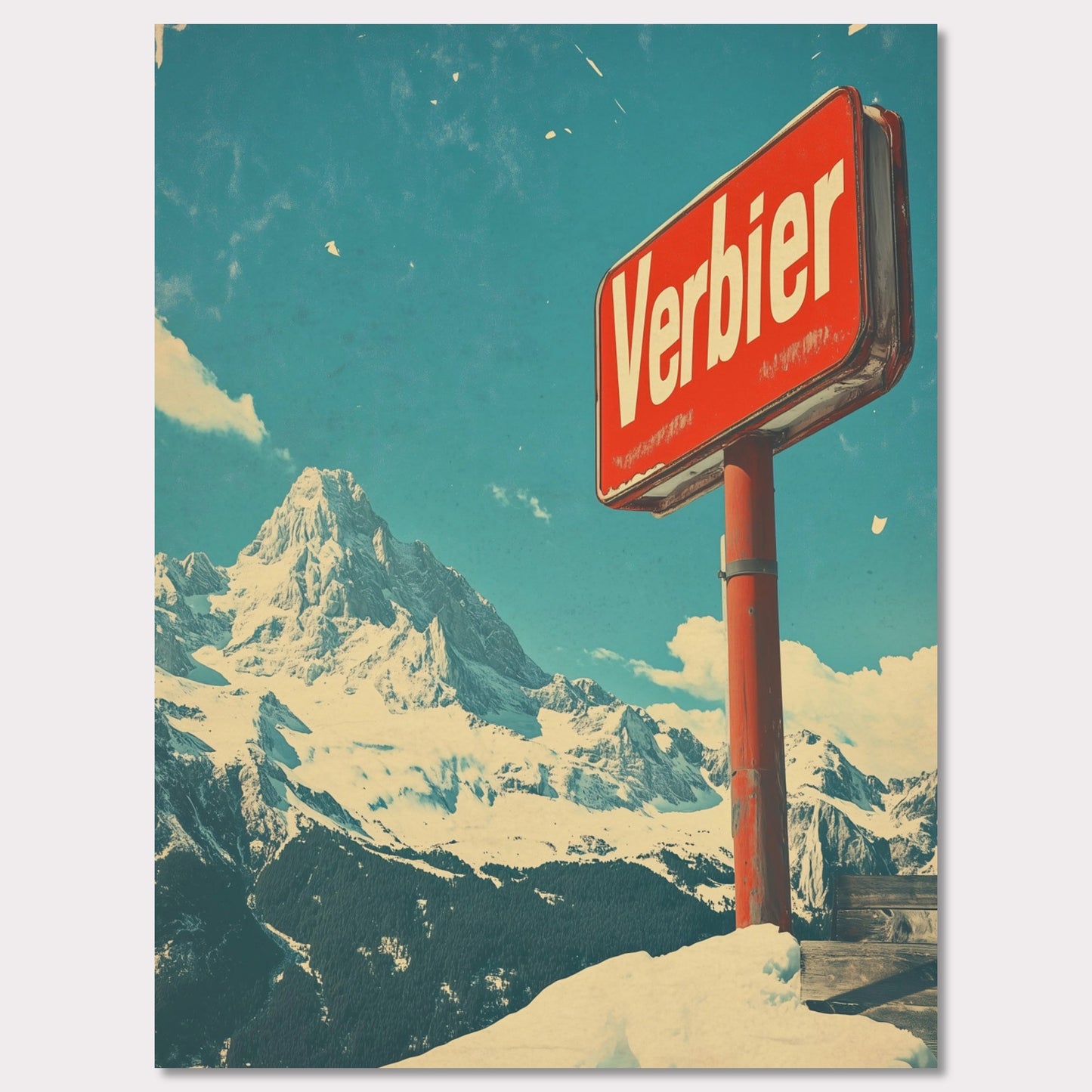 This striking retro-style poster showcases the iconic "Verbier" sign against the backdrop of towering snow-covered peaks and a bright blue sky. The rustic sign, partially worn by time, perfectly complements the expansive, untouched wilderness of the Swiss Alps. The vintage color palette and texture evoke a sense of nostalgia, capturing the allure of Verbier as a timeless destination for adventure and escape into nature’s beauty.