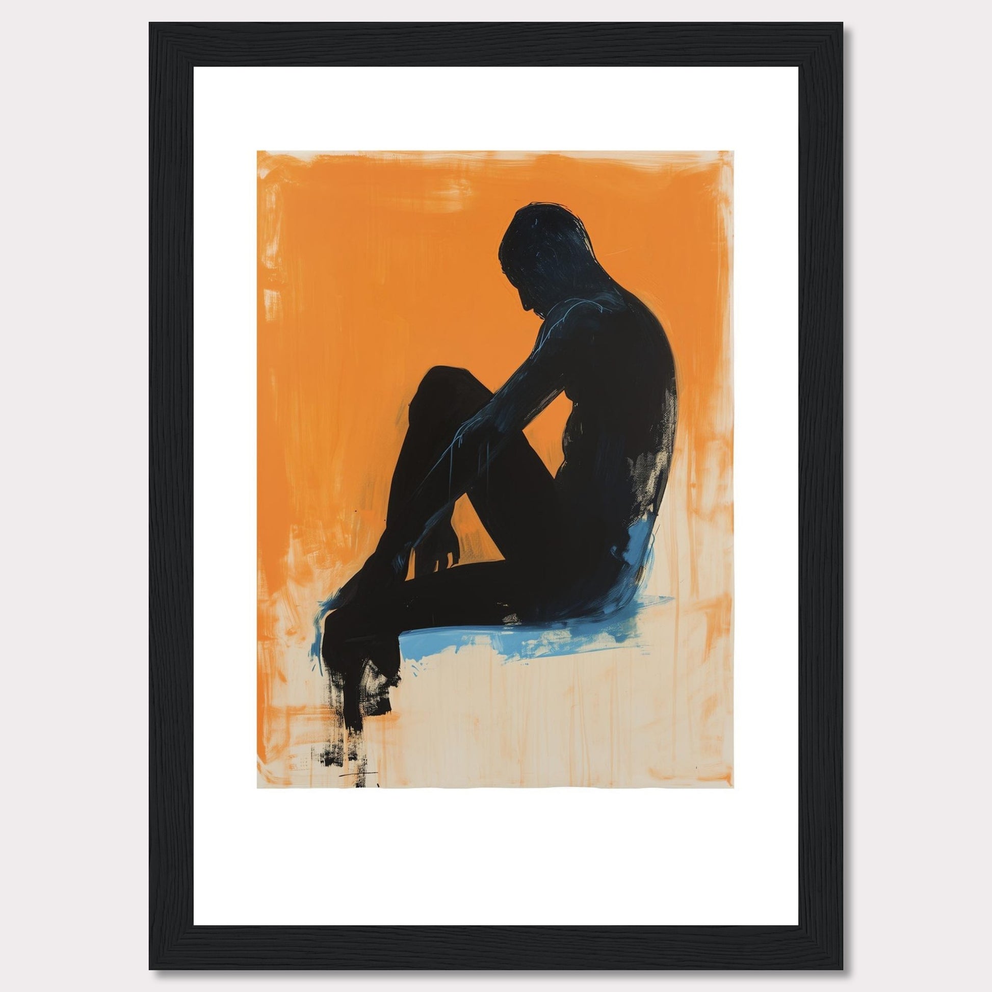 This striking artwork features a silhouette of a seated figure against a vibrant orange background, creating a powerful contrast. The figure is painted in dark tones with hints of blue, adding depth and emotion to the piece.