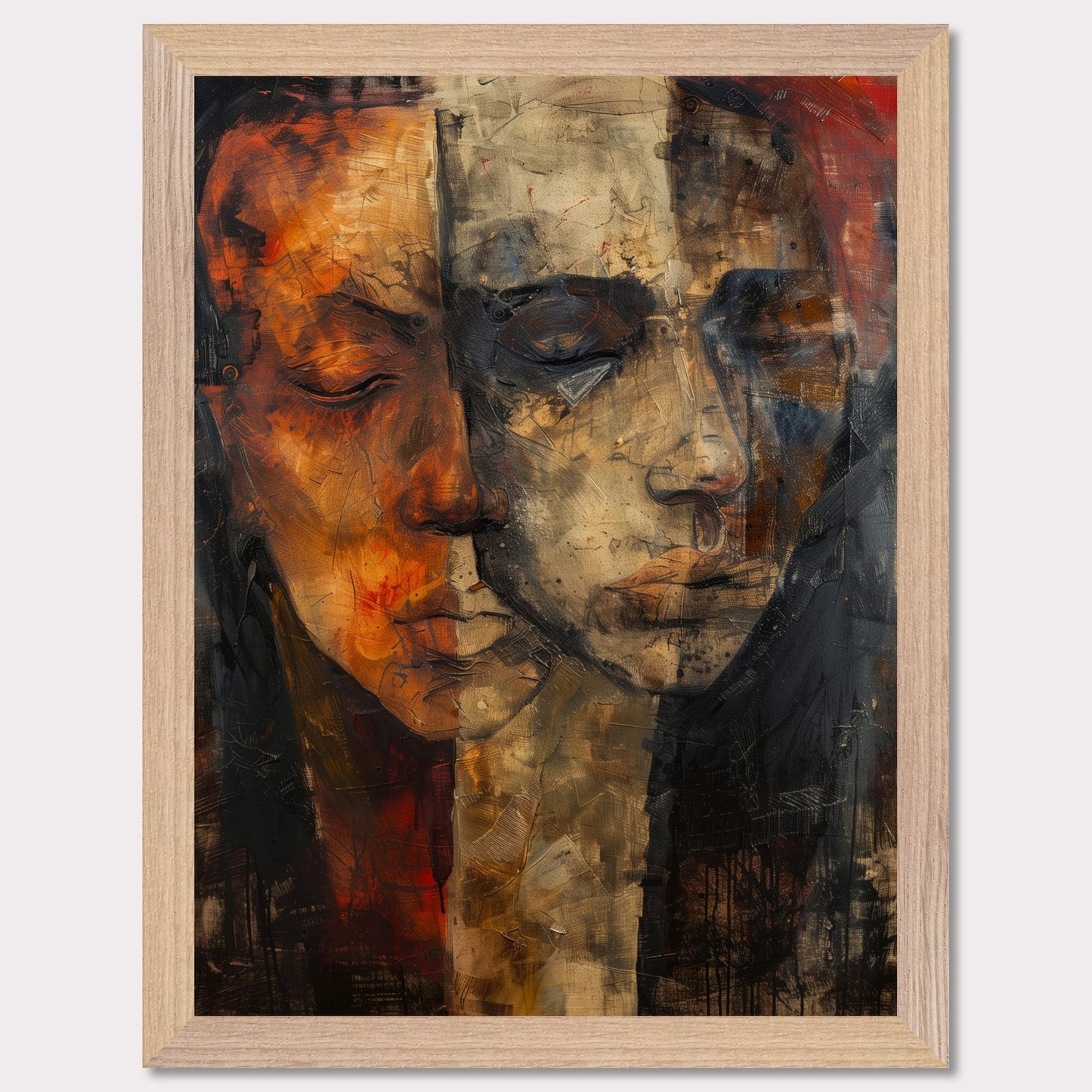 This captivating artwork features two abstract faces, blending seamlessly into one another. The painting is rich in texture and color, with a striking contrast between warm and cool tones. The faces appear to be in deep contemplation, evoking a sense of introspection and connection.