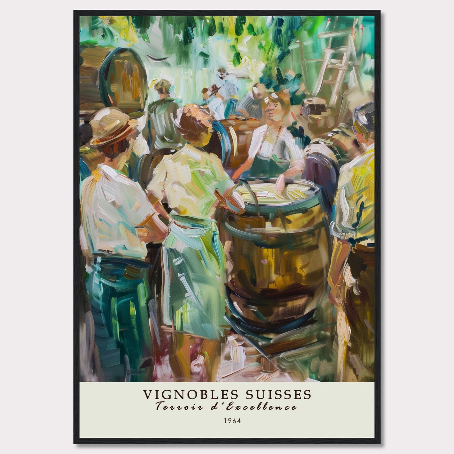 This vibrant painting captures a lively scene of people gathered around wine barrels, reflecting the rich tradition of Swiss vineyards.