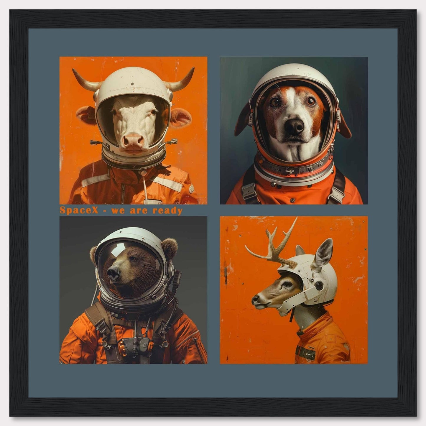 This whimsical artwork features four animals dressed as astronauts, ready for a space adventure. The animals include a cow, a dog, a bear, and a deer, each wearing an orange space suit and helmet. The text "SpaceX - we are ready" adds a playful touch to the image.