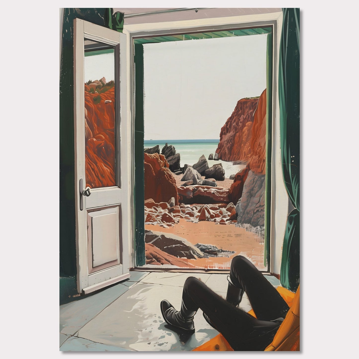 This image captures a serene view of a rocky beach through an open door. The scene is framed by the interior of a room where a person is seated, legs stretched out, possibly relaxing and enjoying the view.